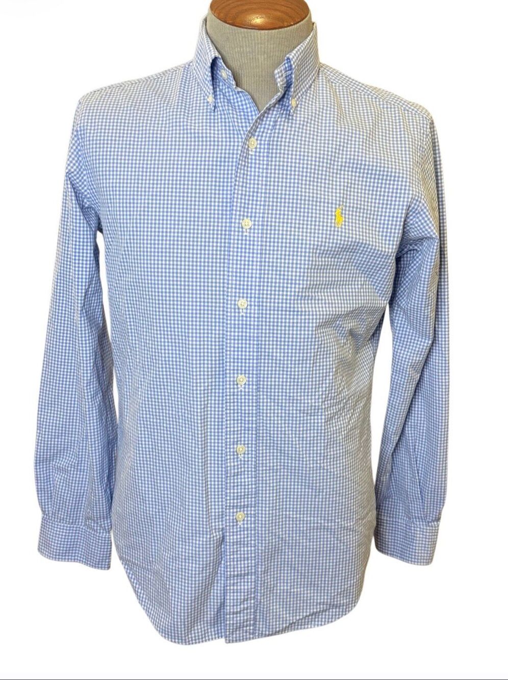Ralph Lauren Button Down Mens Small Blue white Gingham Plaid Cotton Long Sleeve